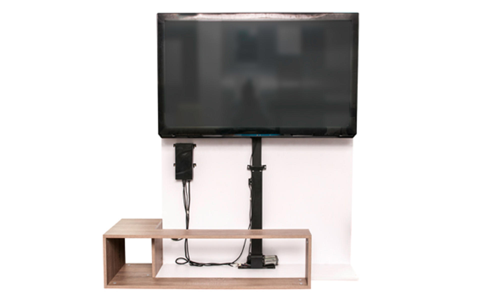 An piece of furniture with panels removed demonstrating how a TV lift is positioned in a cabinet